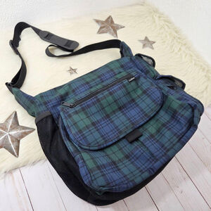 LL Bean Watch Plaid Zip Up Crossbody Messenger Bag navy blue green tartan black